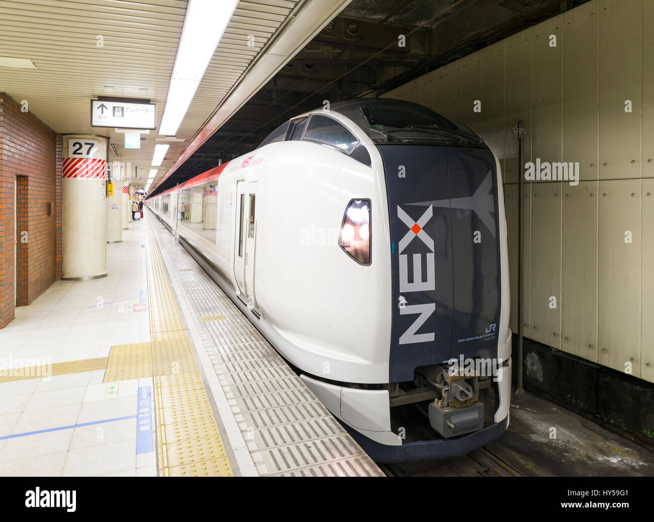 Il Narita Express (N'Ex), un premio il servizio di treno espresso azionato da JR East, arriva in corrispondenza di una piattaforma della metropolitana della stazione di Tokyo, Tokyo, Giappone Foto Stock