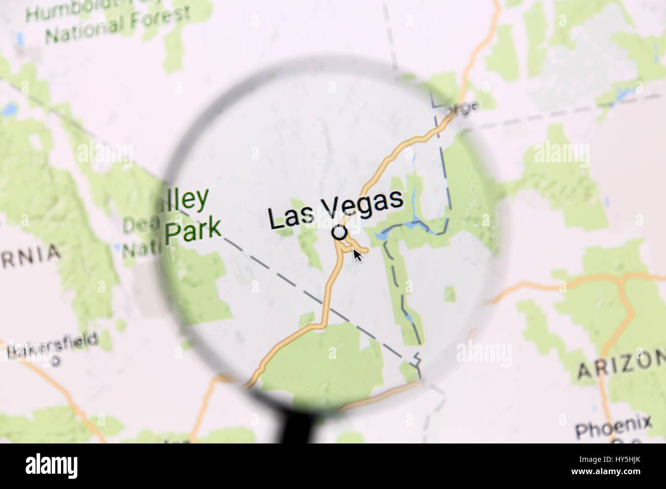 Las Vegas map. Mappa di Las Vegas su Google Maps sotto una lente di ingrandimento. Las Vegas è la più popolosa città dello stato del Nevada. Foto Stock