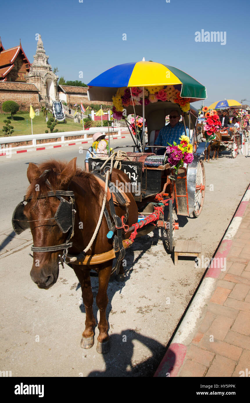 Il tedesco vecchio uomo che posano con carro trainato da cavalli prima del tour città intorno al Wat Phra That Lampang Luang tempio buddista sul dicembre 27, 2016 in Lampang Foto Stock