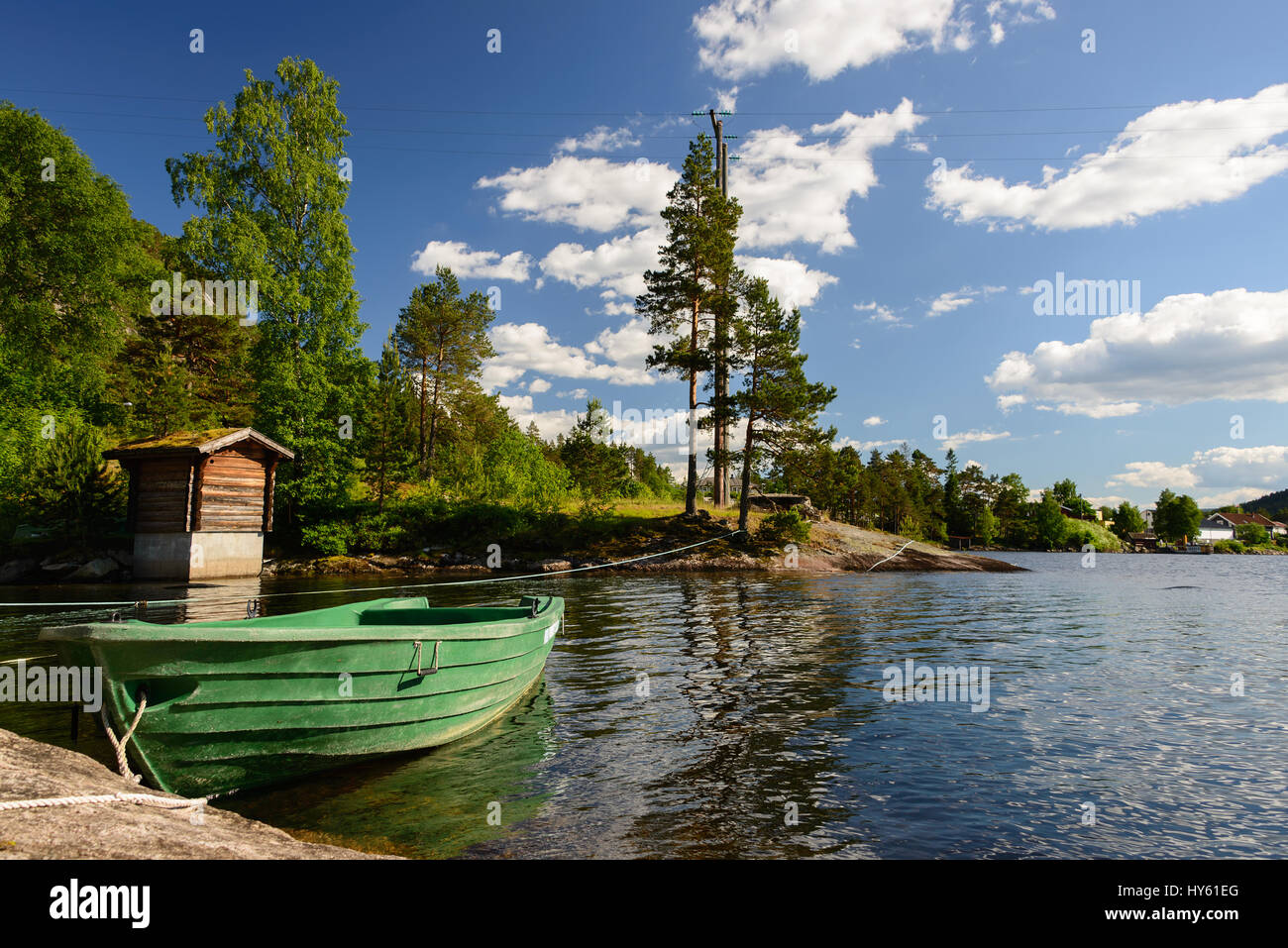 Un paesaggio con una verde canotto in acqua sotto alcuni alberi al confine del fiordo in Norvegia. Foto Stock