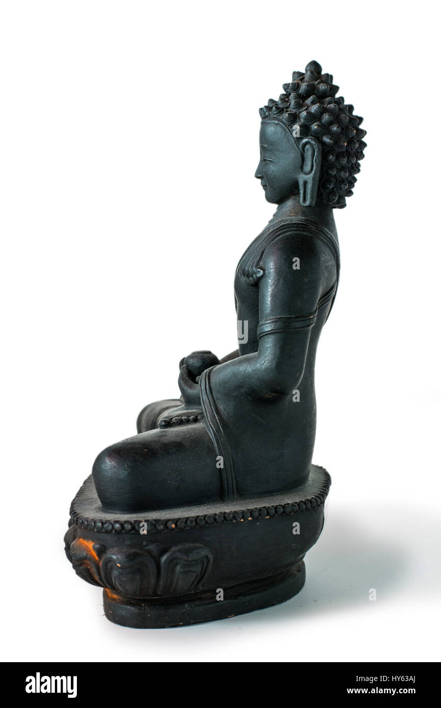 Nero statua del Buddha isolato Foto Stock