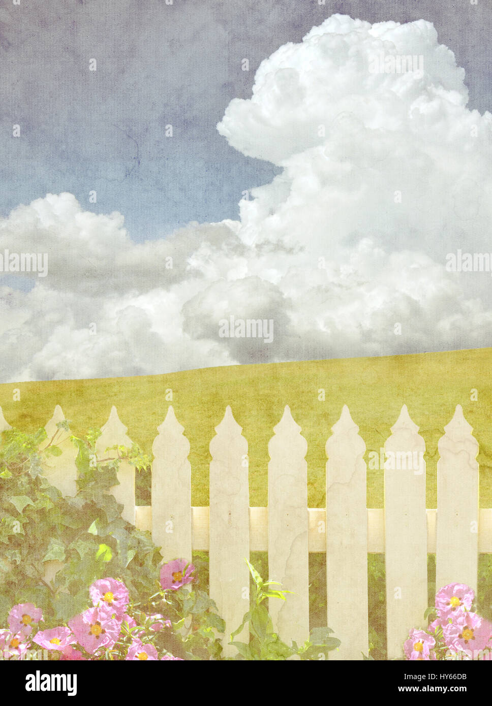White Picket Fence di edera e fiori di colore rosa nella parte anteriore di una verde collina erbosa e cielo blu cloudscape sfondo. Carta Vintage immagine con trama. Foto Stock