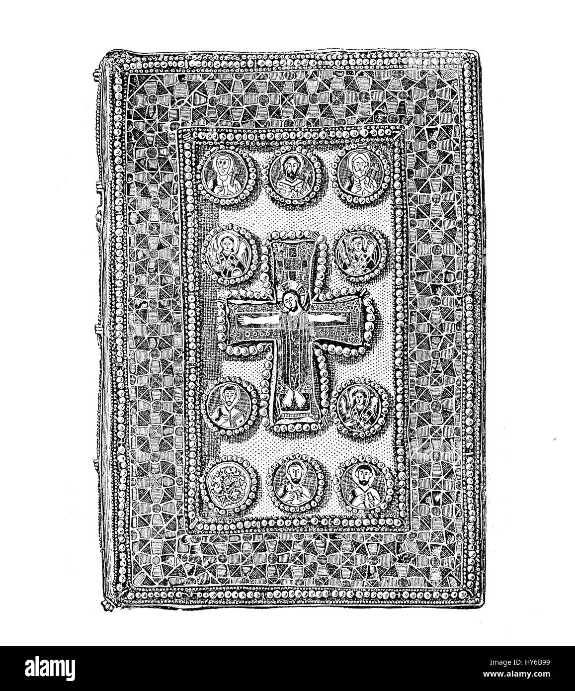 Jewelled bizantina, di rilegatura di libri religiosi medievali prenota, artwork set con smalti e gioielli, illustrazione vintage Foto Stock