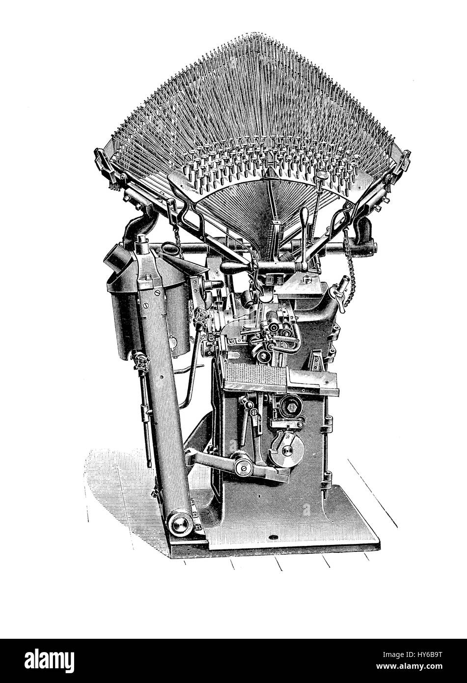 Tipografia, tipocomposizione di macchina per la composizione di stampa, XIX secolo Foto Stock