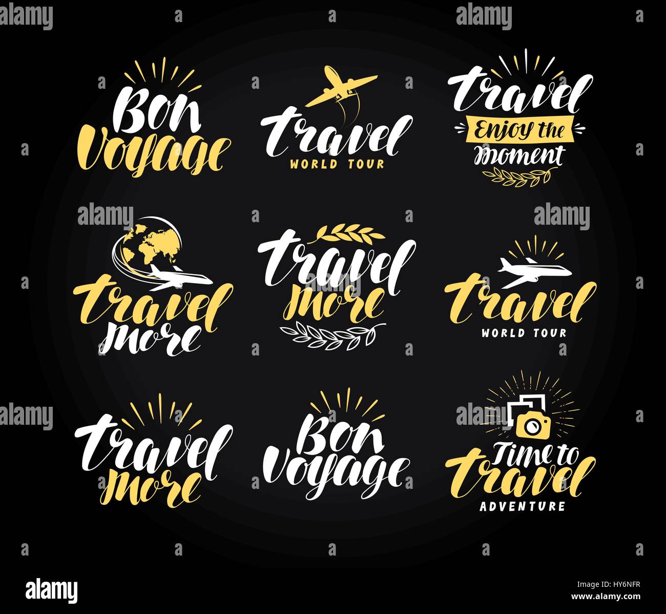 Viaggio, set di etichette. Il viaggio di simbolo o icona. Lettere manoscritte illustrazione vettoriale Illustrazione Vettoriale