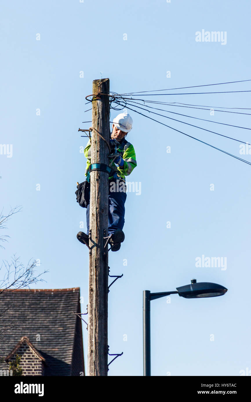 Un uomo in un hardhat lavorando alla sommità di un palo del telegrafo Foto Stock
