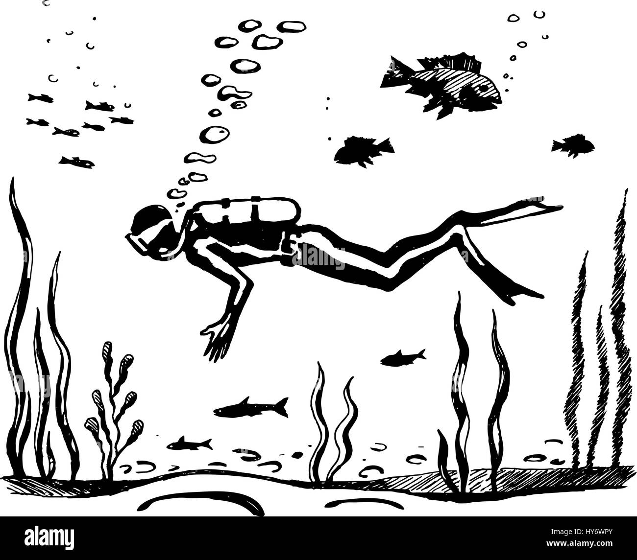 Diver si immerge al fondo del mare. Illustrazione Vettoriale