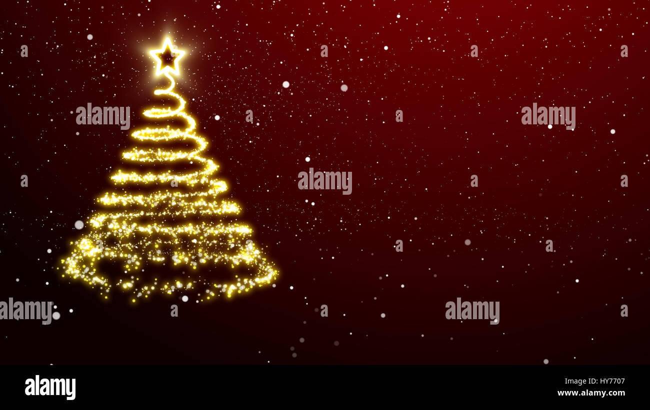 Stella Di Natale Con Luci.Luci D Oro Albero Di Natale Con Una Stella Treetopper Sfondo Rosso Con I Fiocchi Di Neve Foto Stock Alamy