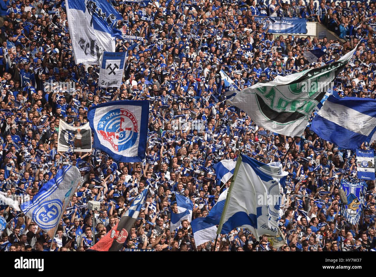 Gelsenkirchen, in Germania il 1 aprile 2017, Bundesliga giornata 26, FC Schalke 04 - BV Borussia Dortmund: Schalke sostenitori. Credito: Juergen schwarz/Alamy Live News Foto Stock