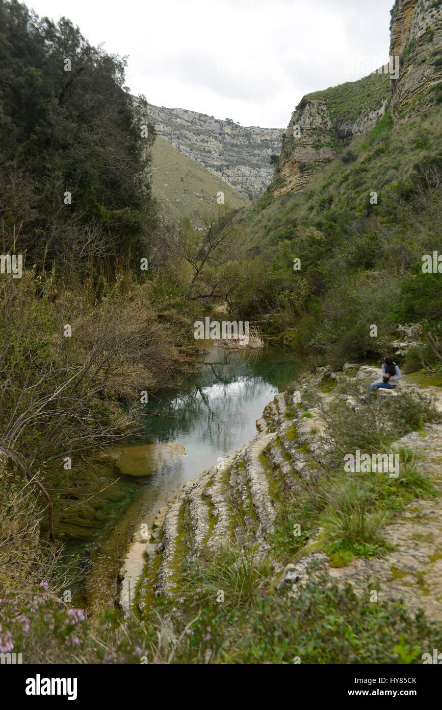 Uno stagno, un fiume, gulch, Cavagrande del Cassibile, Sicilia, Italia, Teich, Fluss, Schlucht, Sizilien, Italien Foto Stock