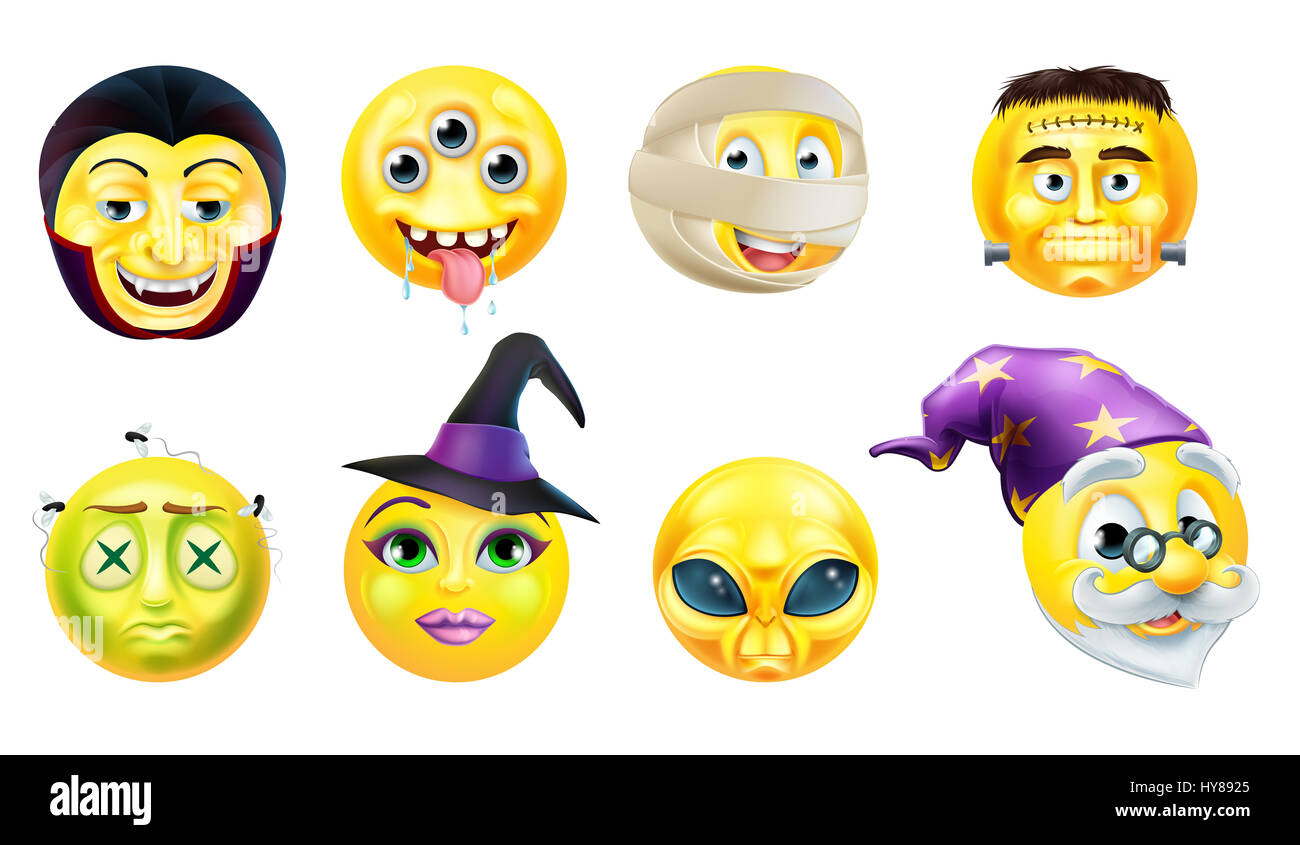 Un set di Halloween holiday emoticon o icone emoji Foto Stock