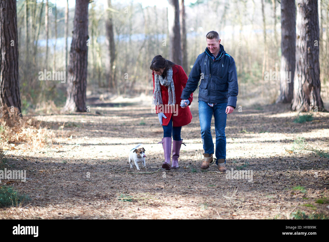 Una giovane coppia a piedi il loro cane nel bosco Foto Stock