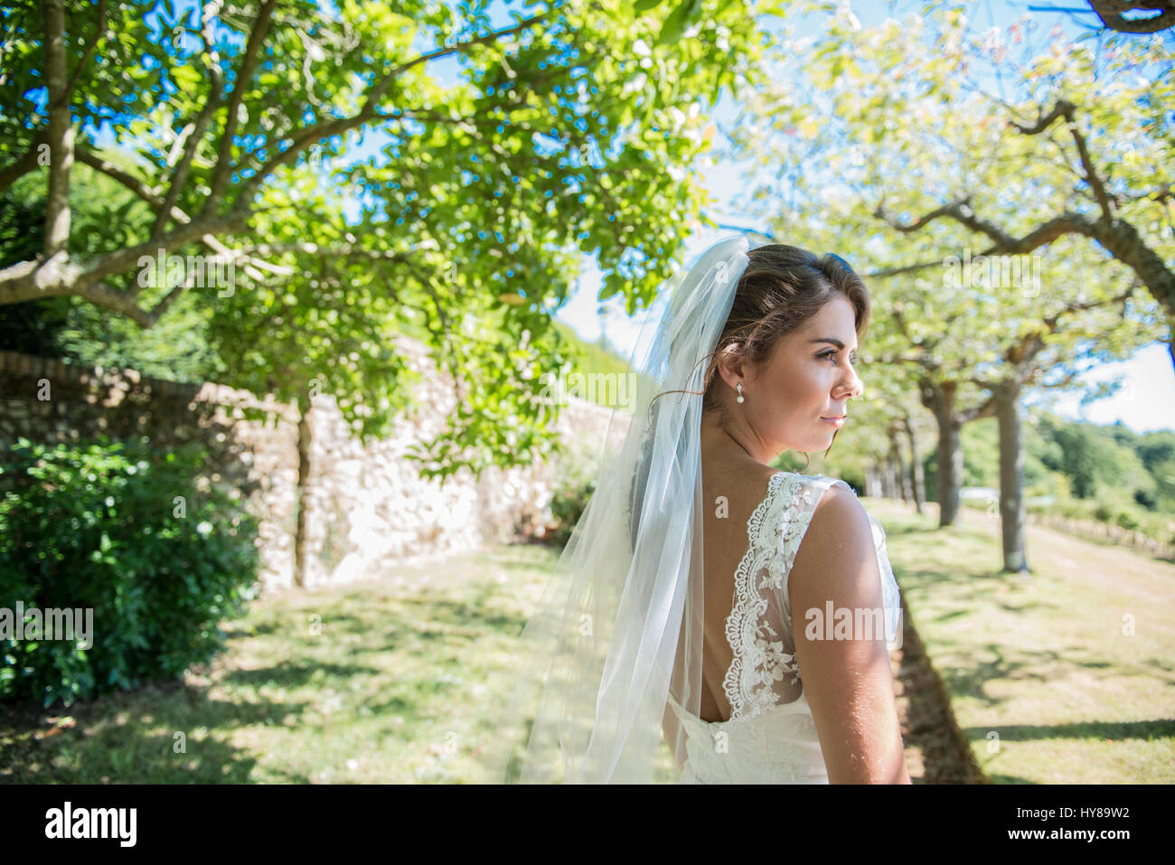 Una sposa godendo il suo giorno di nozze al sole Foto Stock