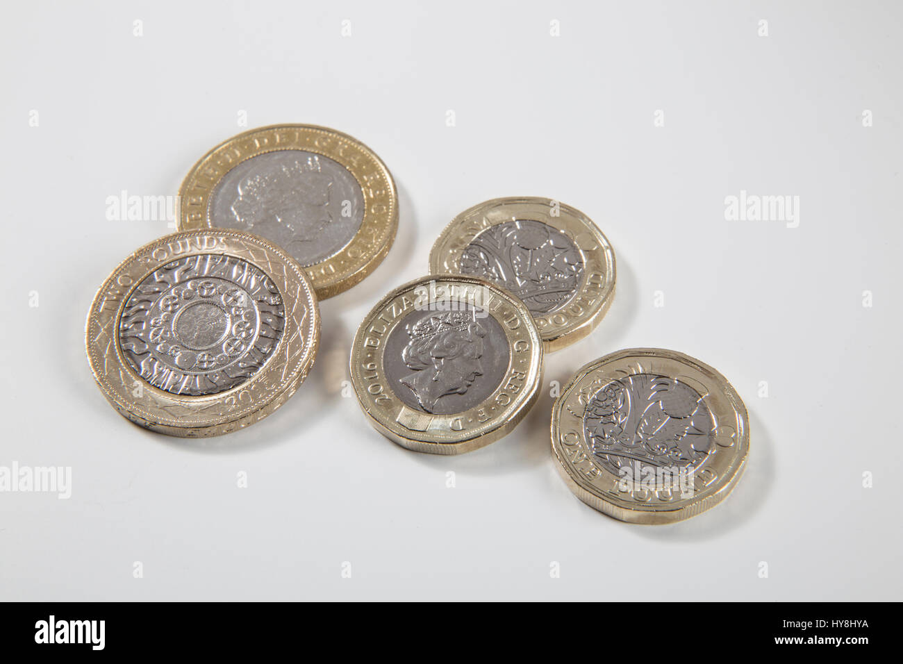 Nuovo £ 1 libbra di moneta e di £ 2 libbra di monete Foto Stock