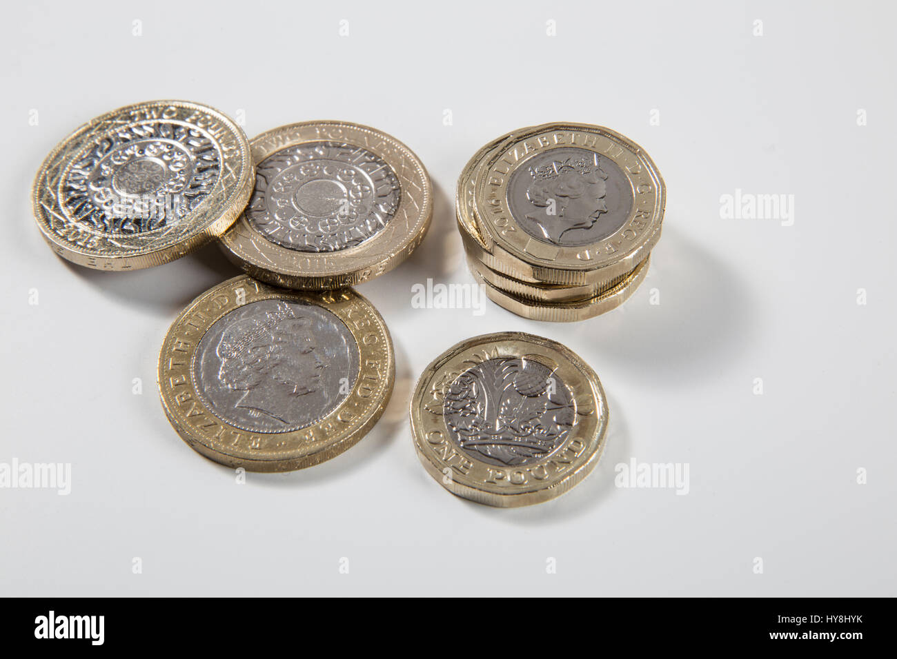 Nuovo £ 1 libbra di moneta e di £ 2 libbra di monete Foto Stock