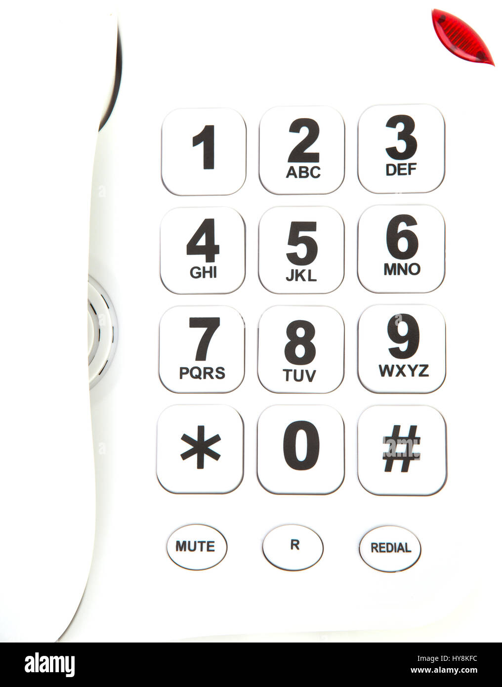 Bianco grande pulsante telefono su sfondo bianco Foto Stock