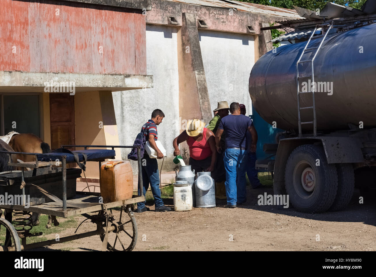 La distribuzione di razioni di latte per la popolazione nelle campagne da Cuba - Serie Cuba Reportage Foto Stock