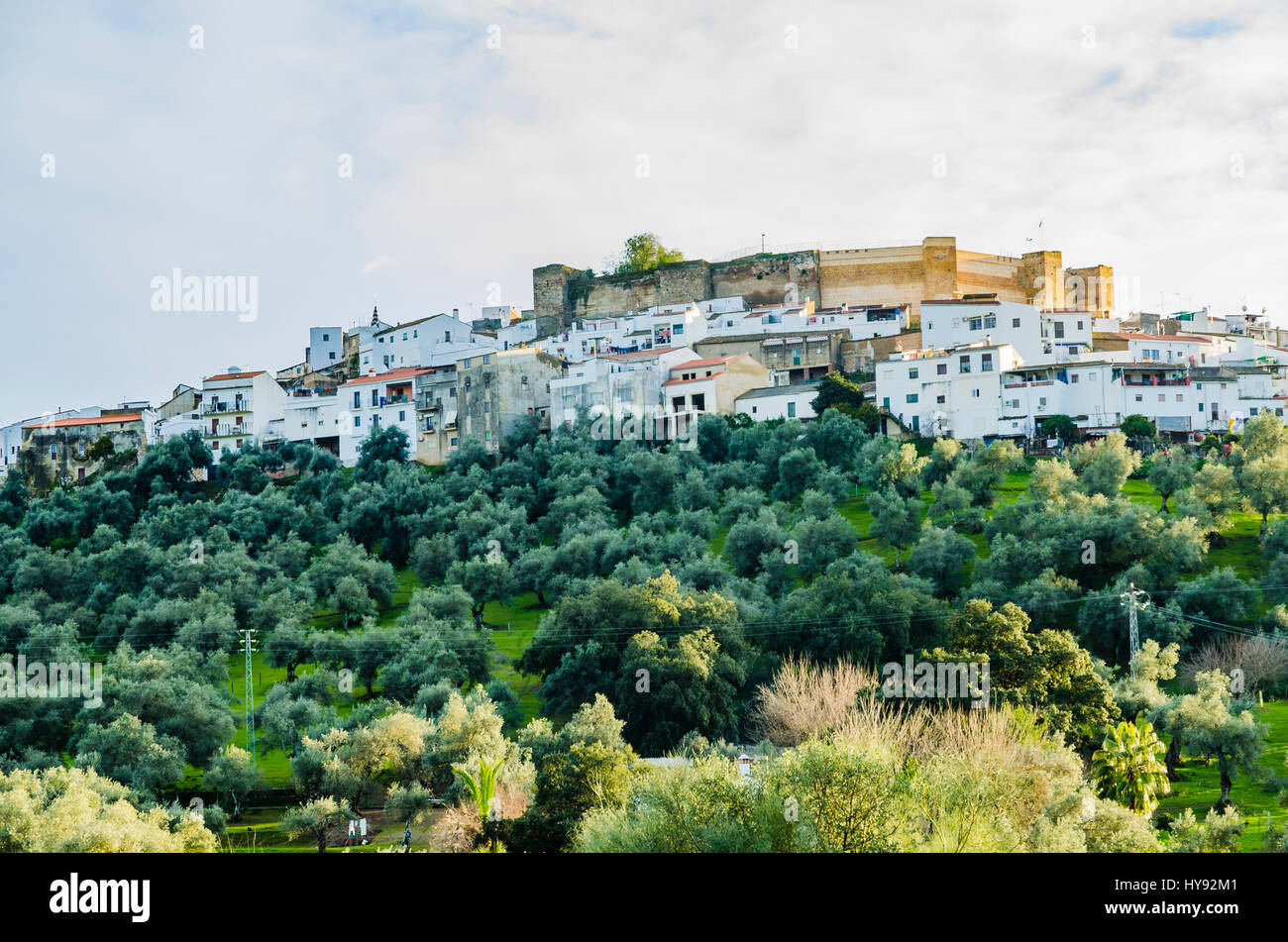 Vista panoramica del villaggio di Aroche, Huelva, Andalusia, Spagna, Europa Foto Stock