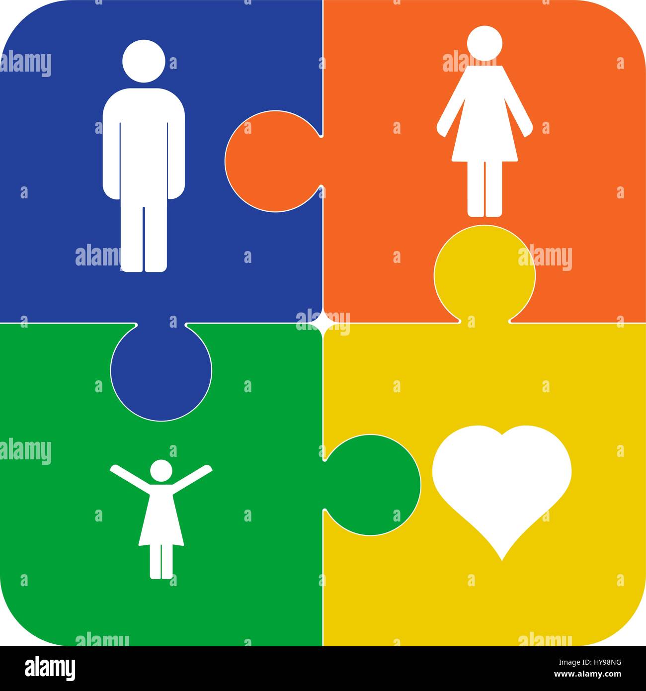 Vettore colorati puzzle, quattro pezzi isolati, con simboli di persone. Icona sociale. Illustrazione Vettoriale