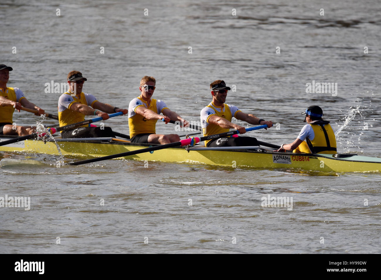 Università di gara in barca sul fiume Tamigi presso Barnes, Londra. Gli uomini di riserva di gara che coinvolgono Isis (Oxford) e Goldie (Cambridge) Foto Stock