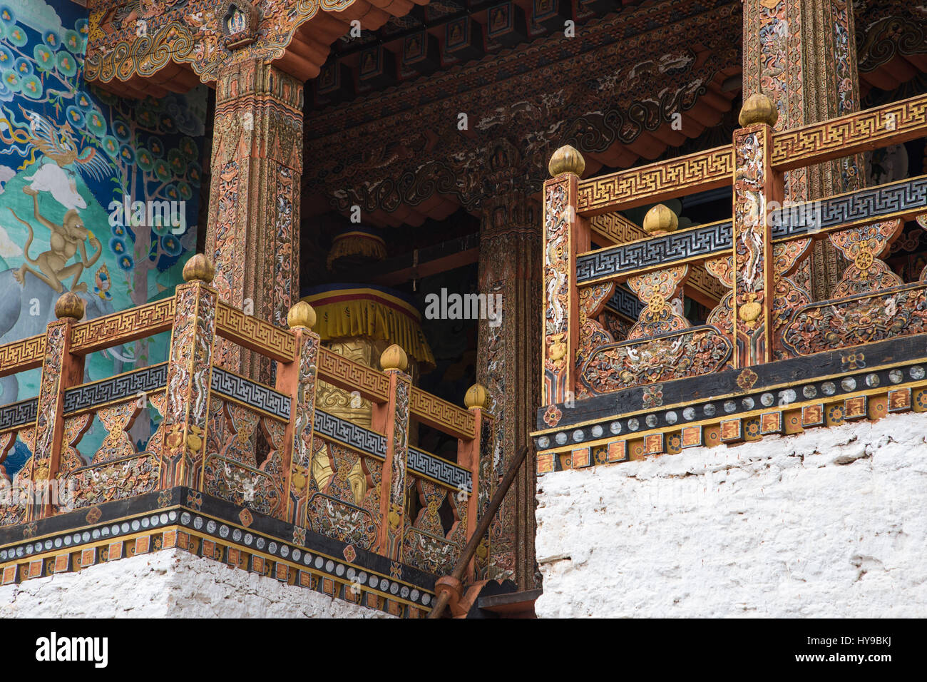 Ornato dettagli architettonici in Punakha Dzong. Punakha, Bhutan. Foto Stock