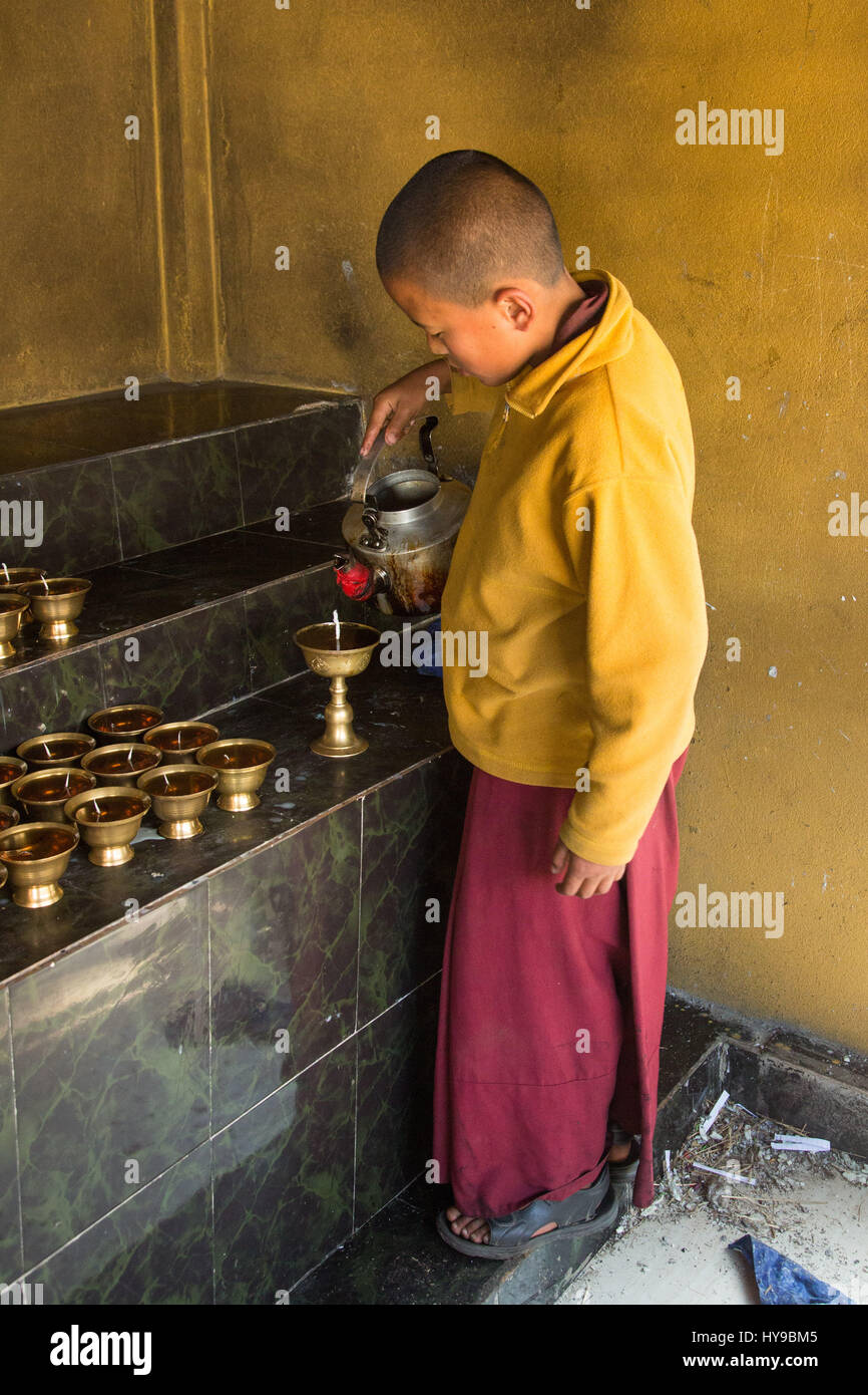 Un giovane monaco buddista prepara lampade a burro in Punakha Stupa in Punakha, Bhutan. Foto Stock