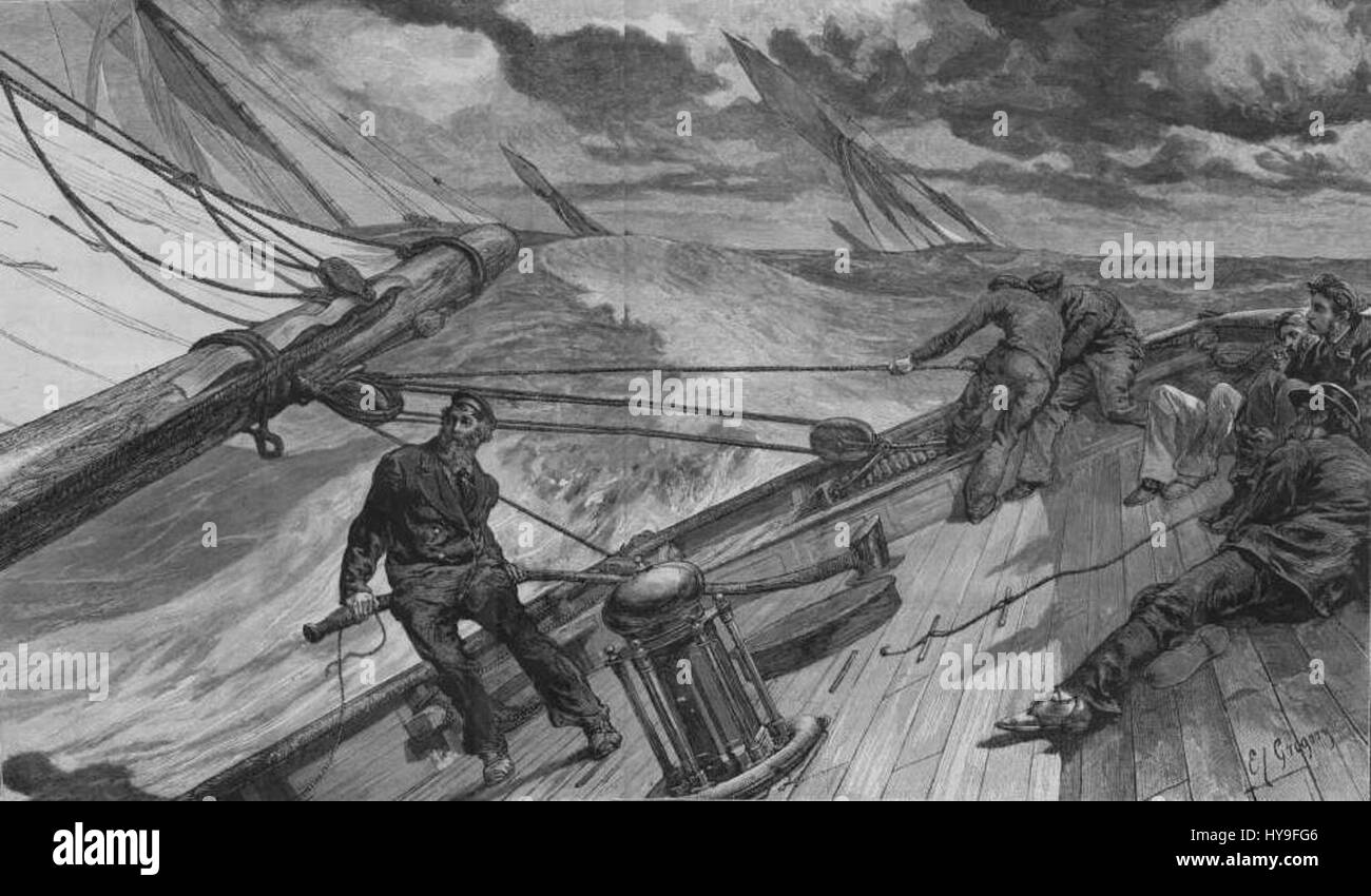 Questo dipinto mostra uno yacht che partecipa a una regata al largo di Cowes sull'Isola di Wight. Le regate in questa zona sono da tempo una tradizione, con la vela competitiva che offre all'artista un ambiente dinamico per catturare l'azione e l'energia dello sport. Foto Stock