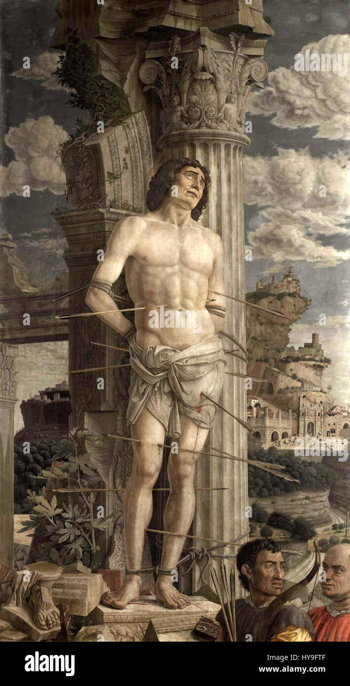 Andrea Mantegna è stato un artista rinascimentale italiano noto per la sua padronanza nella prospettiva e l'attenzione ai dettagli. Le sue opere spesso raffigurano temi religiosi e classici con notevole precisione. L'uso innovativo dello spazio e della profondità di Mantegna lo ha reso una figura significativa nello sviluppo dell'arte rinascimentale italiana. Foto Stock