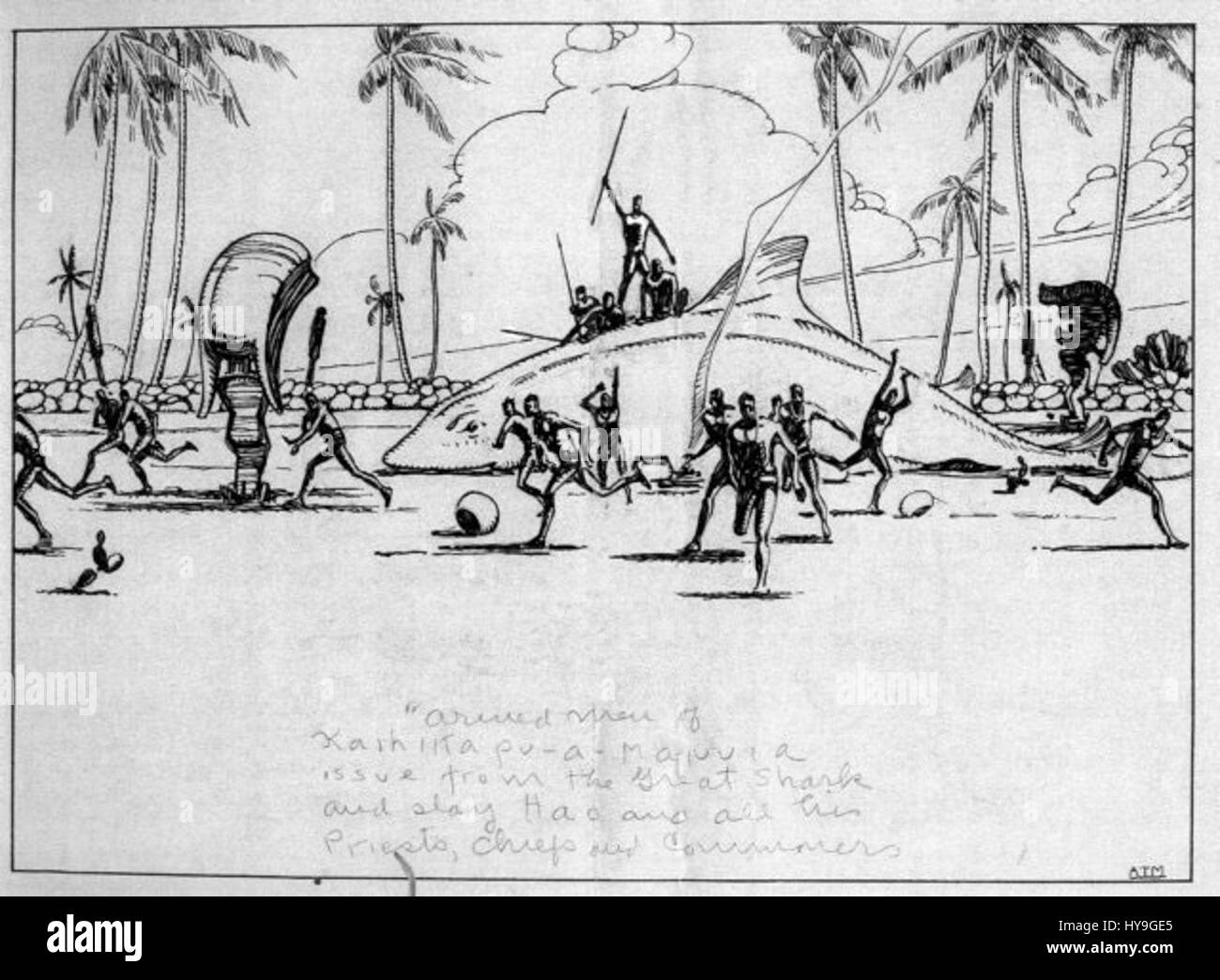 Questa narrazione si riferisce a un evento storico o mitologico che coinvolge uomini armati di Kaihikapuamanuia che emergono dal grande Squalo per sconfiggere Hao, insieme ai suoi sacerdoti, capi e cittadini comuni, sottolineando temi di conflitto e dinamiche di potere. Foto Stock