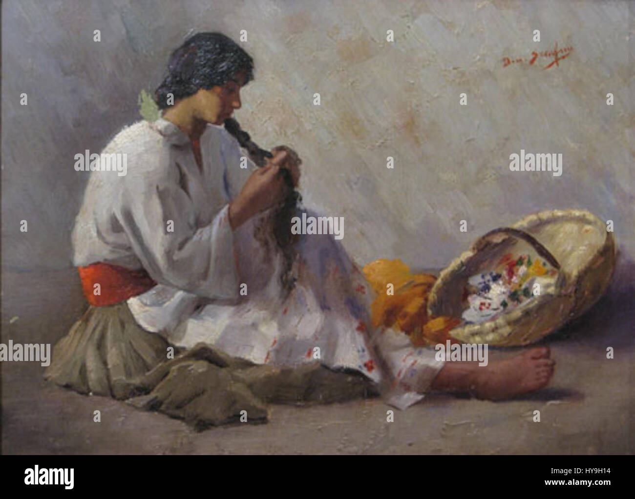 "Florareasa" di Dimitrie Serafim è un dipinto che riflette la vibrante e delicata rappresentazione di una giovane donna in tradizionale abito rumeno. L'opera incarna il patrimonio culturale rumeno e la bellezza della vita rurale. Foto Stock