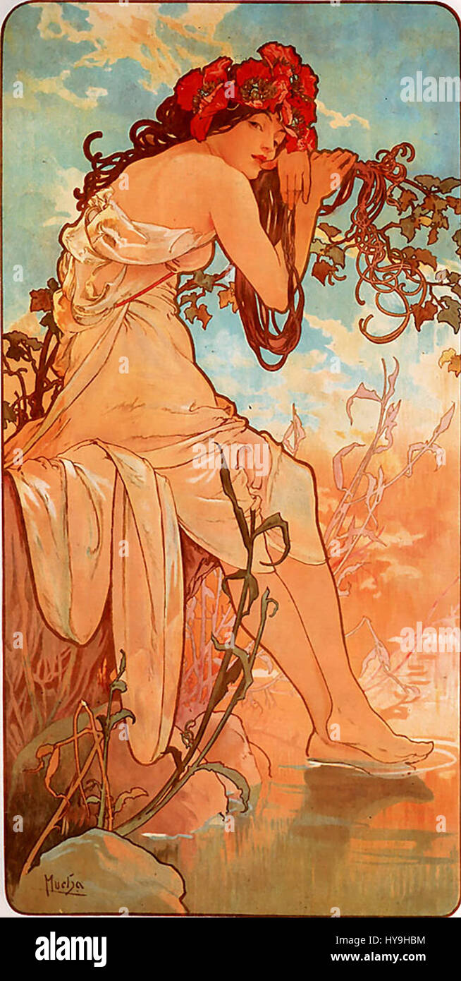"Summer" di Alfons Mucha, creata nel 1896, è una delle sue opere iconiche, che incarna lo stile Art Nouveau. L'immagine presenta una figura femminile che rappresenta la stagione, con linee fluide e motivi floreali tipici dell'approccio di Mucha all'arte decorativa e simbolica. Foto Stock