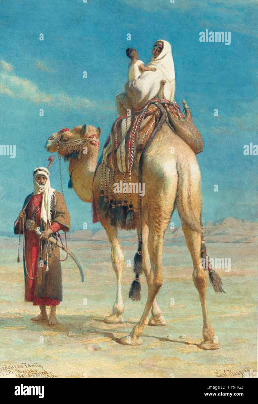 La "famiglia beduina" di Carl Haag (1859) è una rappresentazione di una famiglia beduina nomade nel loro habitat naturale nel deserto. Haag, un artista tedesco del XIX secolo, è noto per i suoi ritratti dettagliati e realistici della vita mediorientale. Il dipinto riflette lo stile di vita e le tradizioni dei beduini, catturando il contesto culturale e ambientale del tempo. Foto Stock