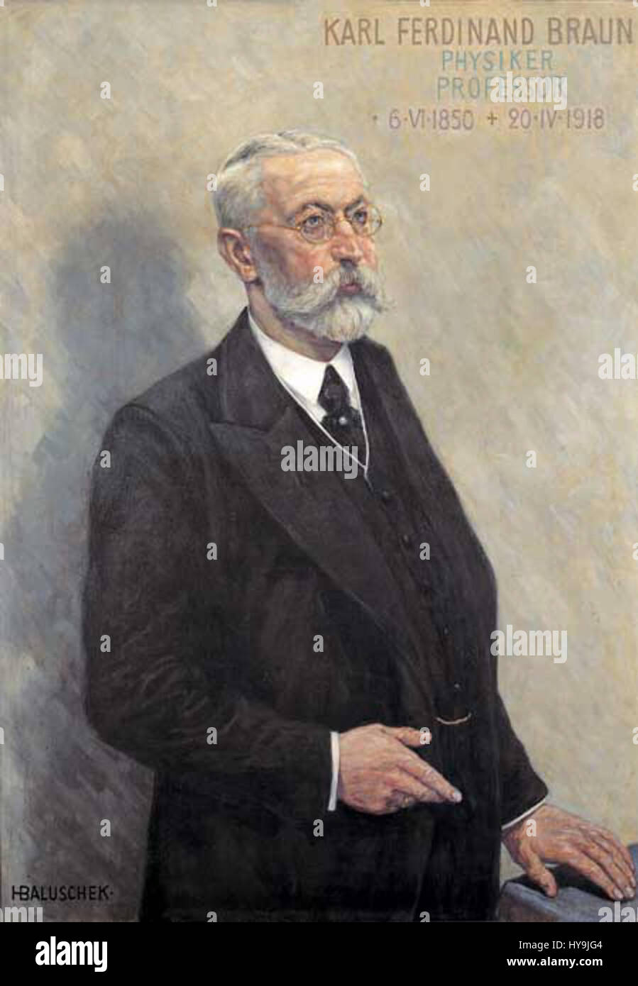 L'opera di Hans Baluschek intitolata "Karl Ferdinand Braun" ritrae il famoso fisico, noto per i suoi significativi contributi allo sviluppo dell'ingegneria elettrica e del tubo a raggi catodici. Il ritratto di Baluschek cattura l'essenza dell'eredità scientifica e della presenza intellettuale di Braun. Foto Stock