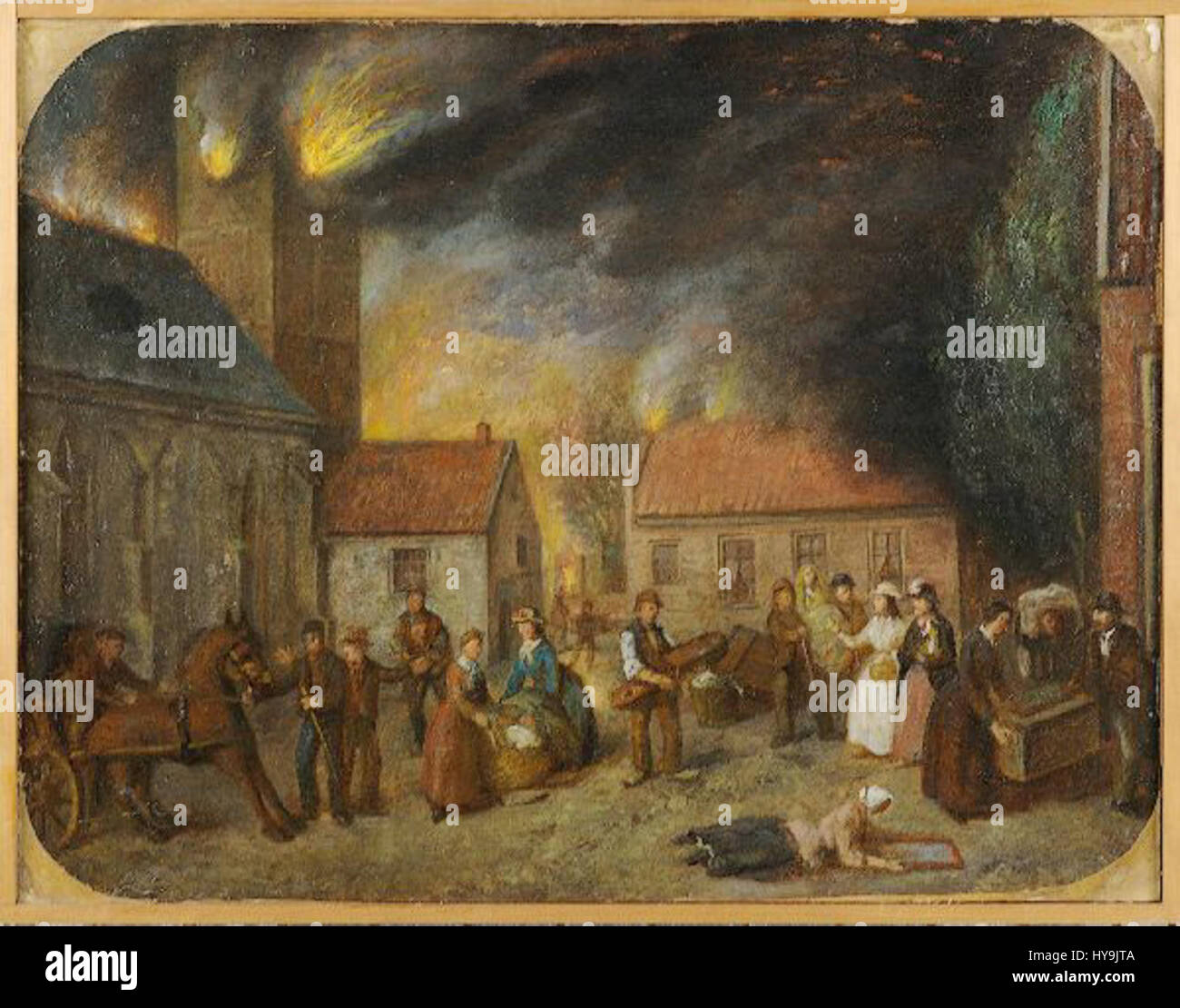Bruna, opera di L.J. del 1862 "Stadsbrand van Enschede" raffigura l'incendio della città (stadsbrand) di Enschede, Paesi Bassi, nel 1862. L'opera illustra la devastazione causata dall'incendio e il suo impatto sulla comunità e sul paesaggio urbano. Foto Stock