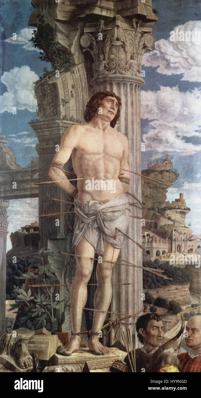 Le opere d'arte di Andrea Mantegna mostrano la sua maestria nella prospettiva e nell'uso delle tecniche classiche. Conosciuto per le sue composizioni dettagliate e complesse, Mantegna era un influente artista rinascimentale italiano le cui opere continuano ad essere ammirate per la loro precisione e profondità. Foto Stock