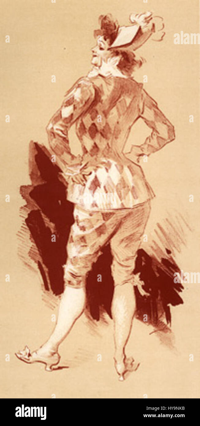 Questa litografia di Jules Cheret intitolata "Harlequin" esemplifica il colore vivace e il movimento che hanno caratterizzato il suo stile. Harlequin, un personaggio della commedia italiana dell'arte, è raffigurato con un costume vibrante e un tocco teatrale. Foto Stock