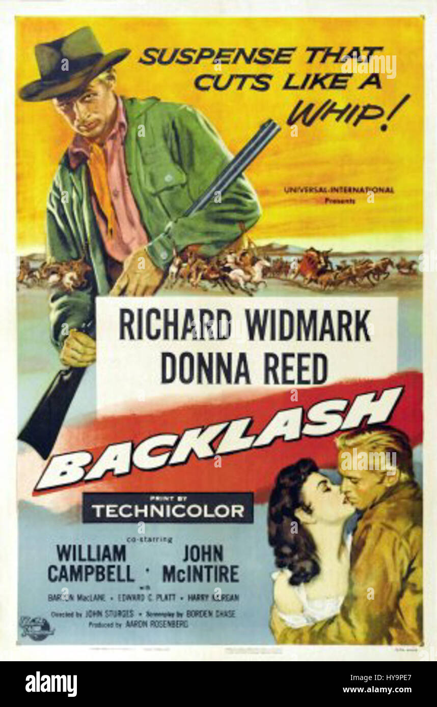 Il poster del film "Backlash" evidenzia un momento drammatico, sottolineando conflitti e tensioni. Il design incorpora una grafica audace e una tipografia accattivante, pensata per catturare l'attenzione dello spettatore e trasmettere la natura intensa e ricca di azione del film. Foto Stock