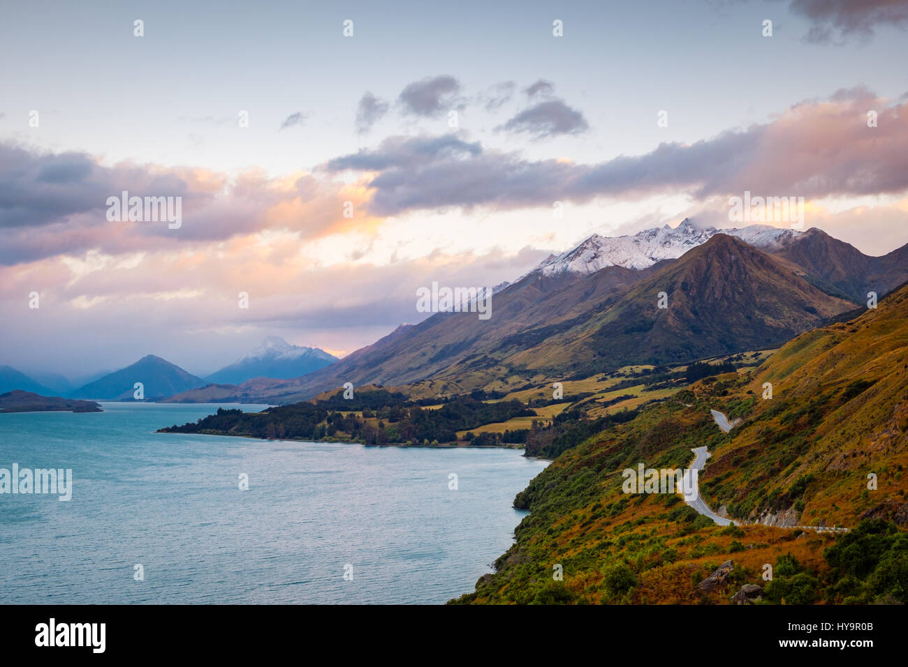 Vista panoramica da Bennetts bluff viewpoint, vicino a Glenorchy, Isola del Sud della Nuova Zelanda Foto Stock
