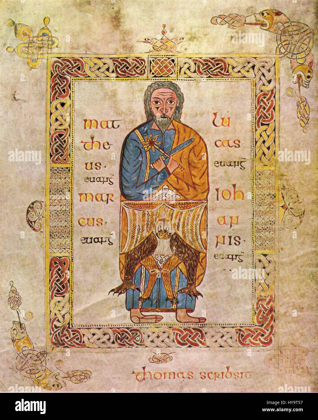 L'Evangeliar aus Treviri è un manoscritto miniato di Treviri, con il Tetramorfo, un simbolo cristiano che rappresenta i quattro evangelisti. Il manoscritto è un notevole esempio di arte religiosa medievale proveniente dalla Germania. Foto Stock