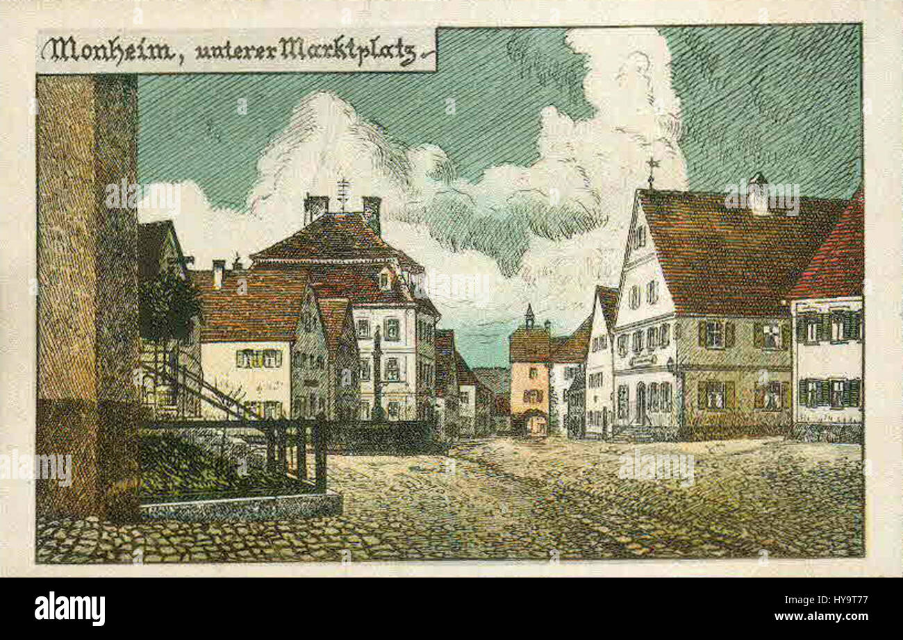 Questa fotografia storica mostra la piazza del mercato inferiore (*Unterer Marktplatz*) a Monheim, Germania. La piazza presenta edifici storici ed era un importante centro di attività cittadina in passato. Foto Stock