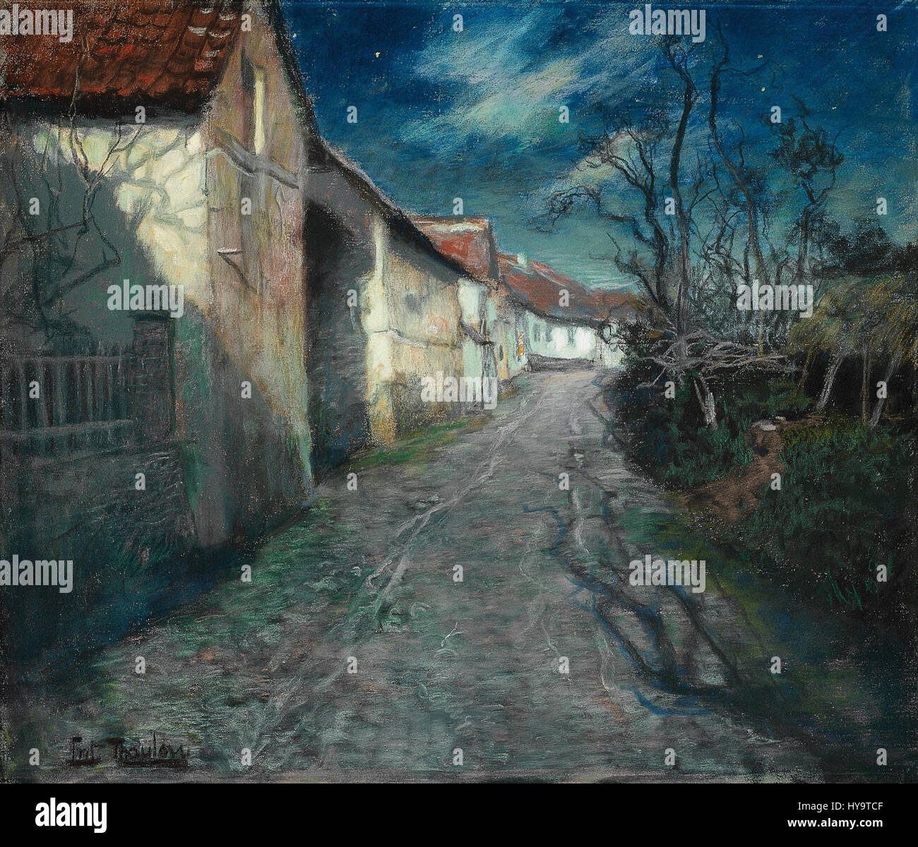 Il dipinto del 1904 "Moonlight in Beaulieu" di Friss Thaulow cattura la serena bellezza del paesaggio al chiaro di luna. Conosciuto per la sua padronanza della luce e delle scene naturali, il lavoro di Thaulow riflette l'atmosfera tranquilla della campagna francese. Foto Stock