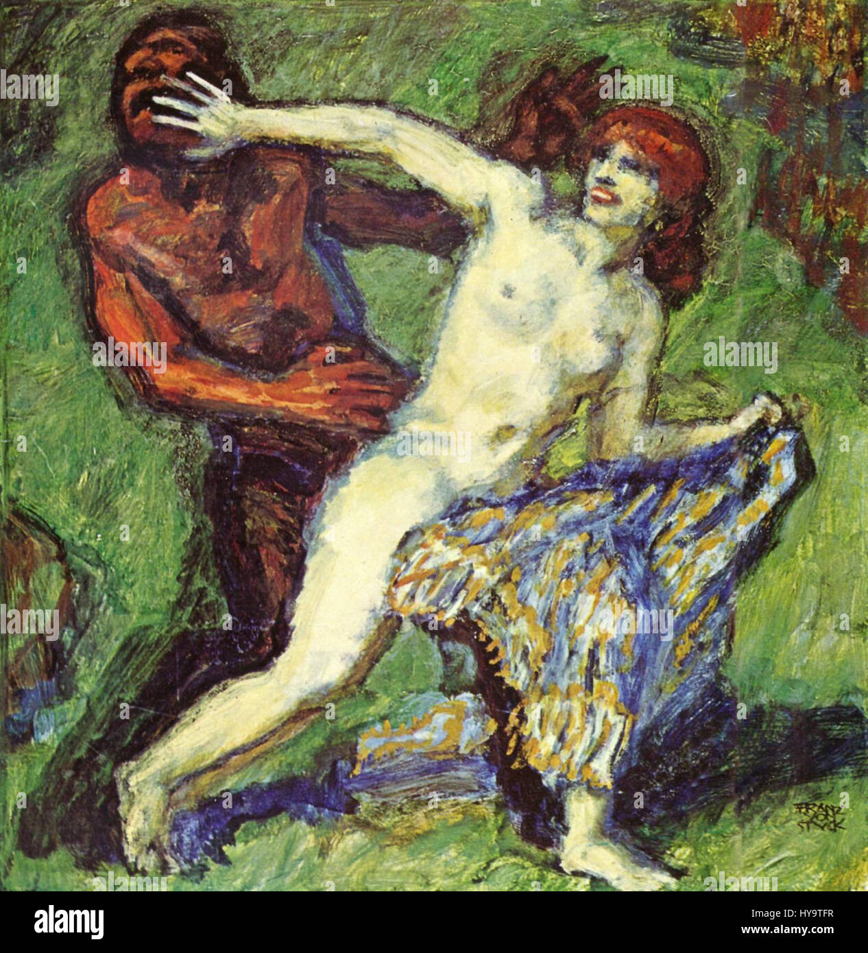 Franz von Stuck è stato un pittore, scultore e architetto tedesco associato al simbolismo e all'Art Nouveau. Le sue opere esplorano spesso temi di mito, sensualità e profondità psicologica. Questo particolare pezzo esemplifica la sua maestria nel combinare vivida immaginazione con forti elementi simbolici. Foto Stock