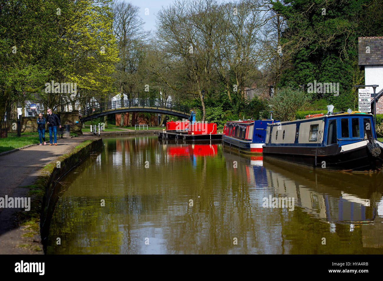 Worsley, Regno Unito. 3 apr, 2017. Glorioso sole primaverile fa risaltare i camminatori e ciclisti lungo la strada alzaia del Bridgewater Canal, Worsley, Manchester. Foto di Paolo Heyes, Lunedì 03 Aprile, 2017. Foto Stock