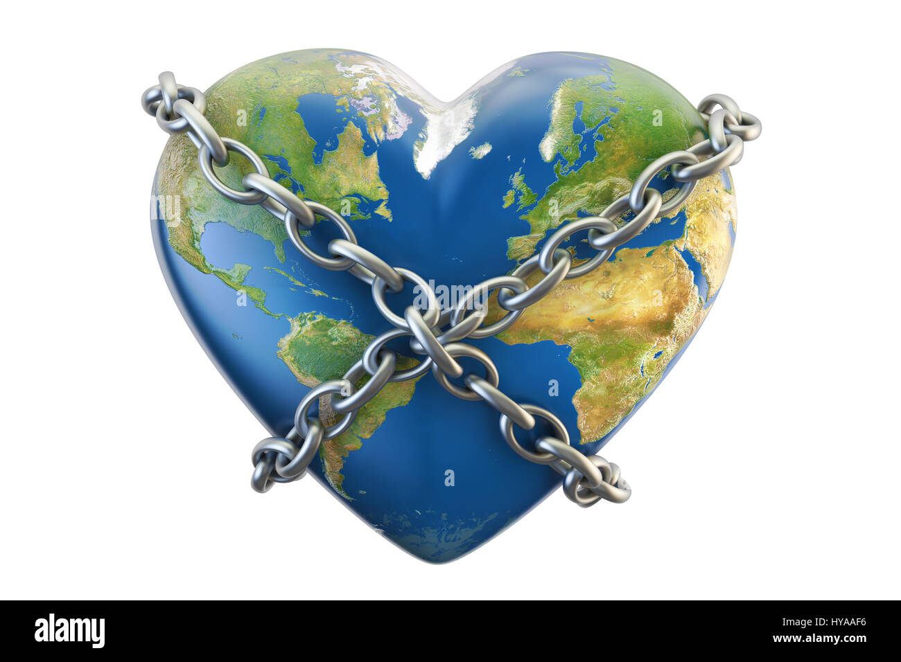 Cuore Globo mondo vicino a catena, il concetto di sicurezza. 3D rendering isolati su sfondo bianco Foto Stock