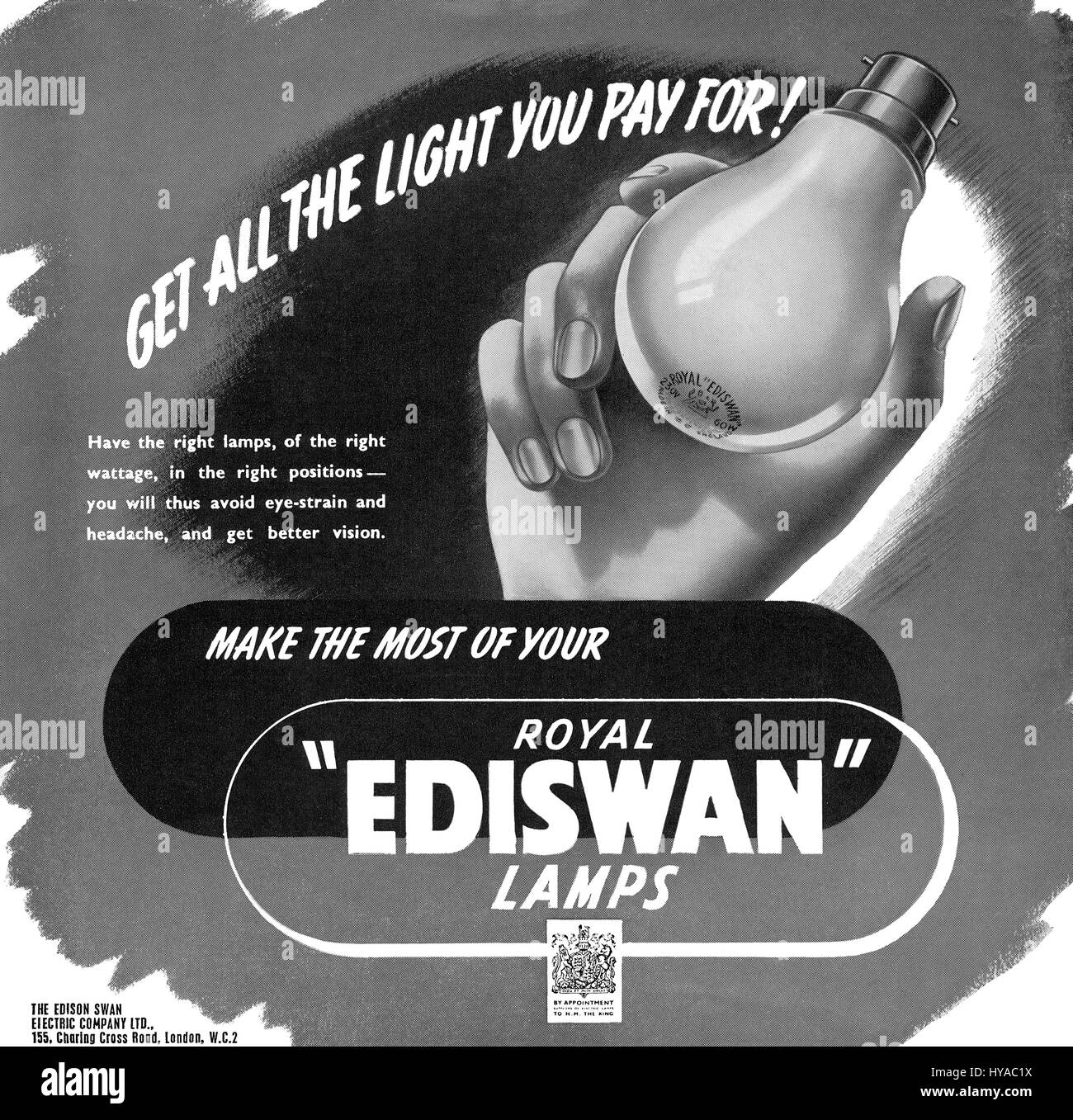 1946 British pubblicità per Royal Ediswan lampadine. Foto Stock