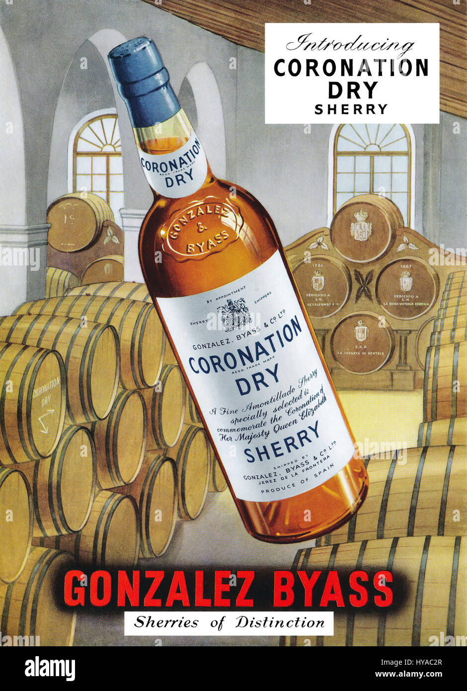1953 British pubblicità per il Gruppo Gonzalez Byass Incoronazione di sherry secco. Foto Stock
