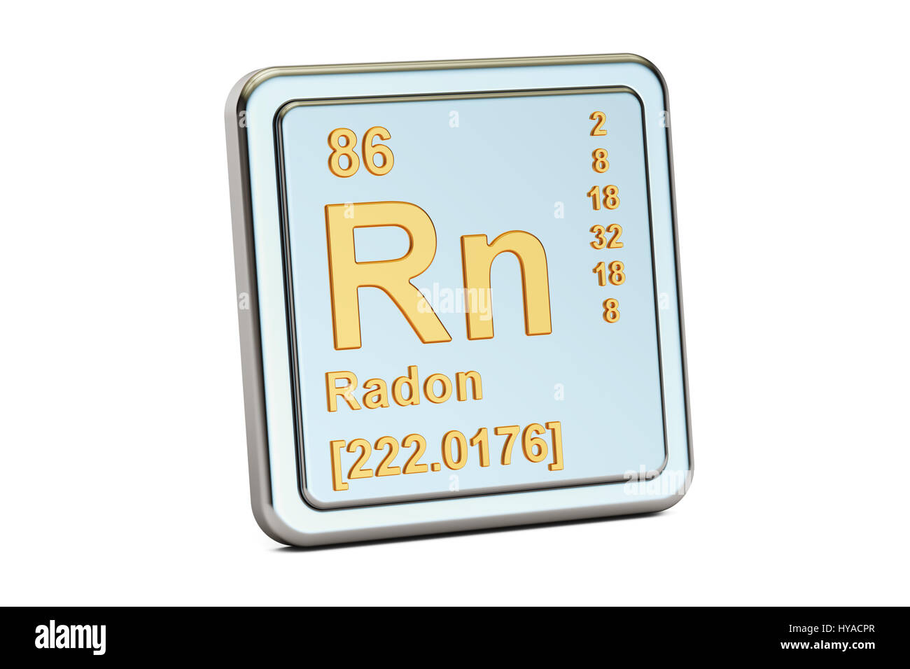 Il radon Rn, elemento chimico segno. 3D rendering isolati su sfondo bianco Foto Stock