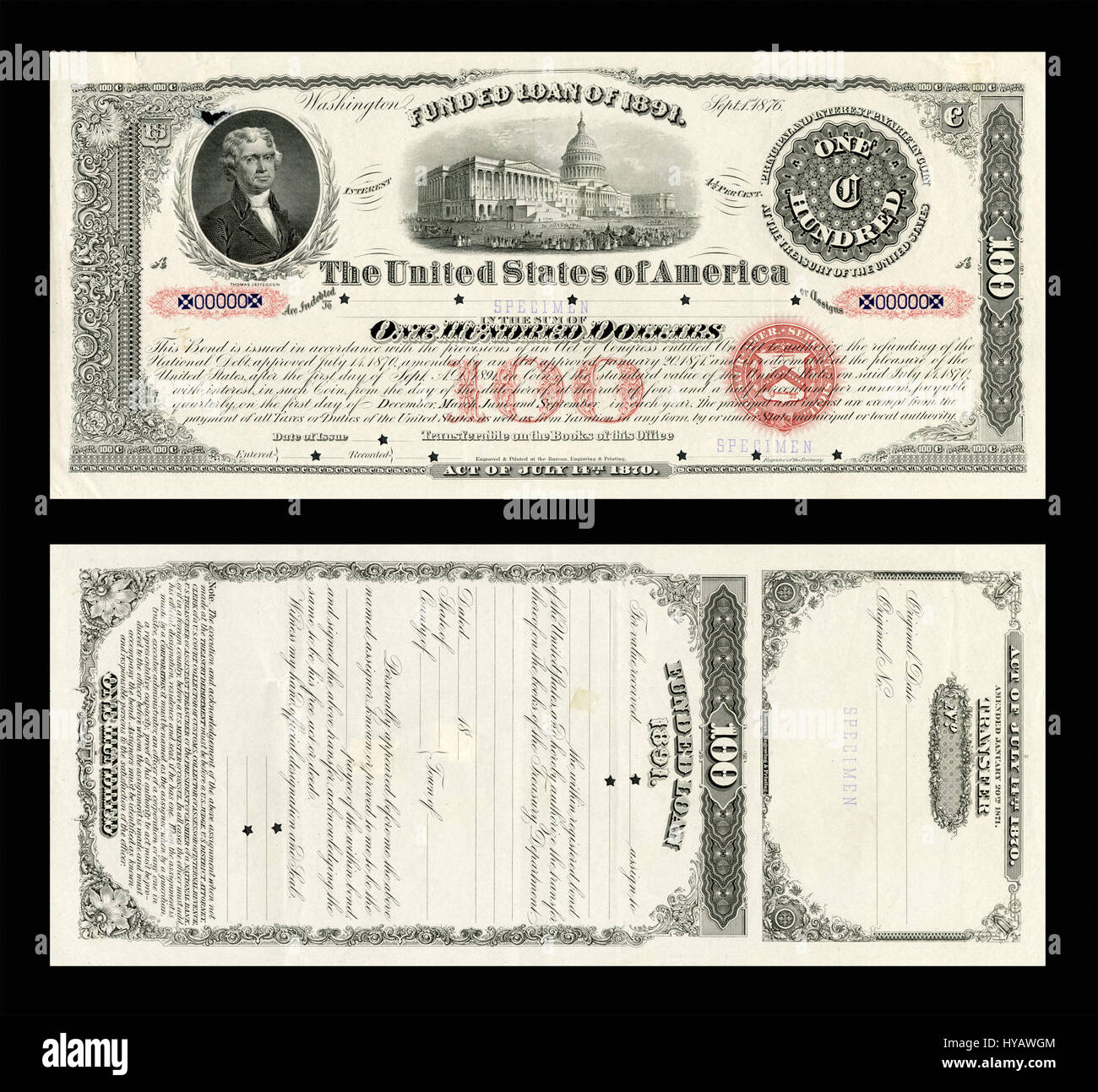 Il prestito finanziato dagli Stati Uniti del 1891 è un titolo di Stato emesso come parte di uno sforzo per raccogliere fondi per la stabilità finanziaria del paese alla fine del XIX secolo. Questo bond da 100 dollari riflette le pratiche di prestito del governo degli Stati Uniti e la sua economia durante gli anni '1890 Foto Stock