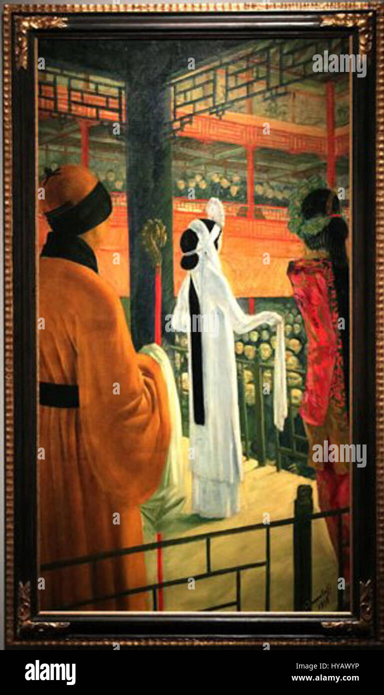Il dipinto del 1918 di Alexander Yakovlev 'Opera a Pechino' raffigura una scena di un'opera tradizionale cinese, catturando i vibranti costumi e le espressioni drammatiche caratteristiche di questa arte dello spettacolo. Foto Stock