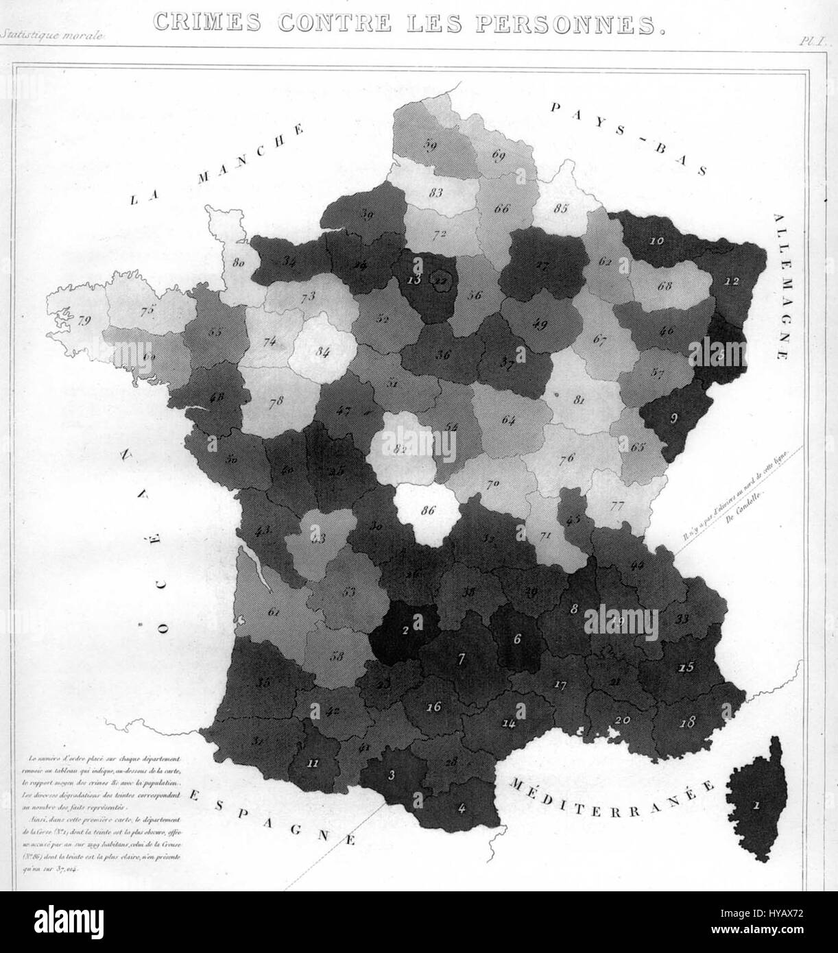 La carta de France des Crimes contre les personnes è una mappa storica che mostra i tassi di criminalità in tutta la Francia. Illustra gli schemi di criminalità contro gli individui, offrendo una panoramica dettagliata della distribuzione geografica dei reati violenti nel paese durante il periodo. Foto Stock